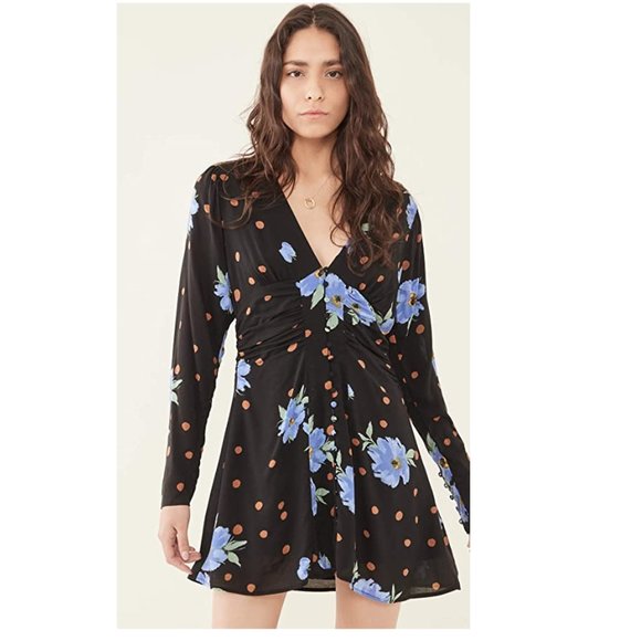 NEW Free People Date Night Mini Dress Long Sleeve Black Blue Floral Moonlight - Picture 3 of 9